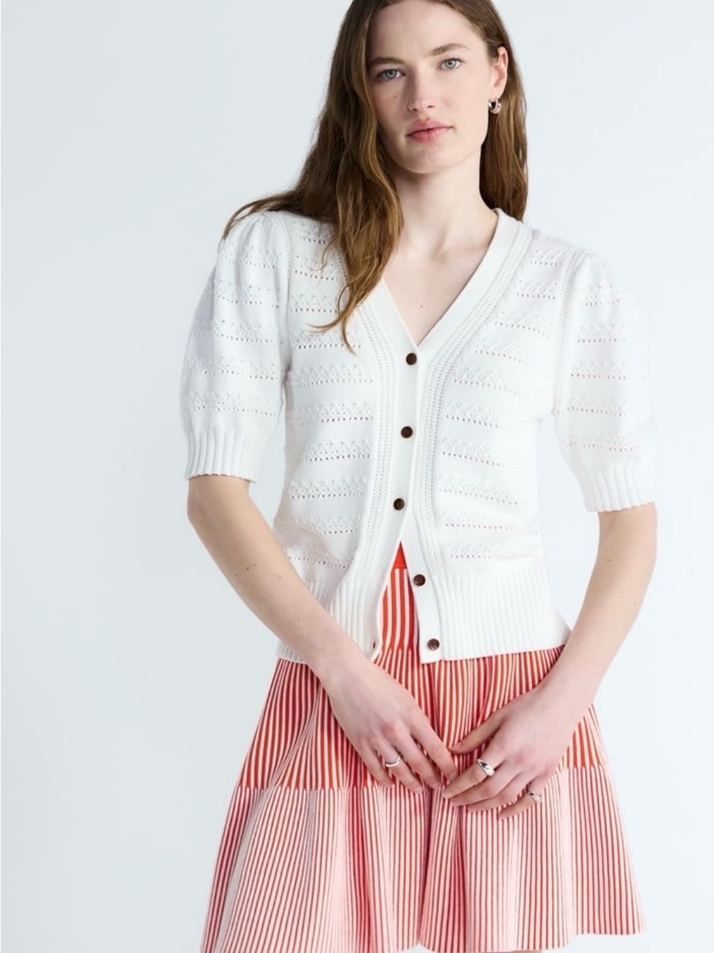 NWT Free Assembly Short Sleeve White Eyelet V‑Neck Button Cardigan
